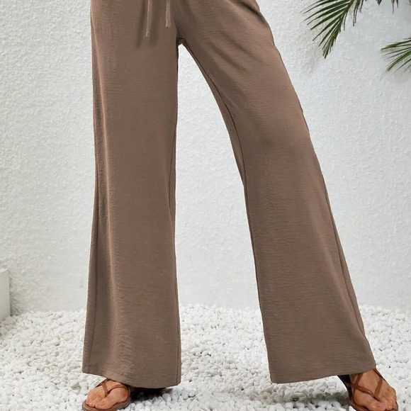 Coffee Brown Casual Women's Summer Drawstring Elastic Waist Wide Leg Pants - Picture 6 of 6